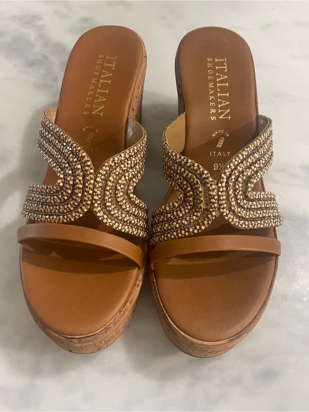 Italian Shoemakers Tan Wedge Sandals with Beaded Upper